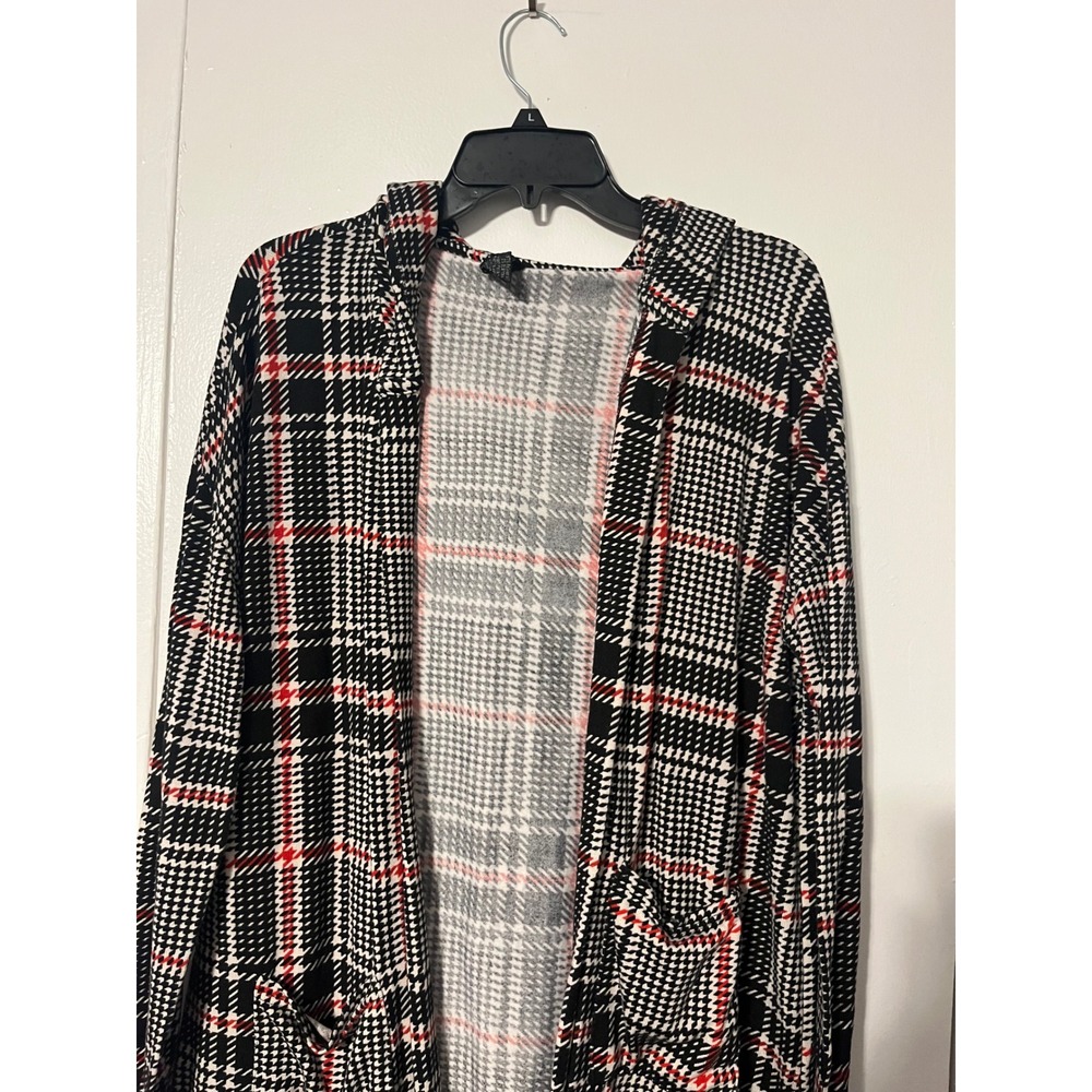 Lildy Womens Plaid Hooded Cardigan Black White Red Open Front Longline L XL - Picture 3 of 6